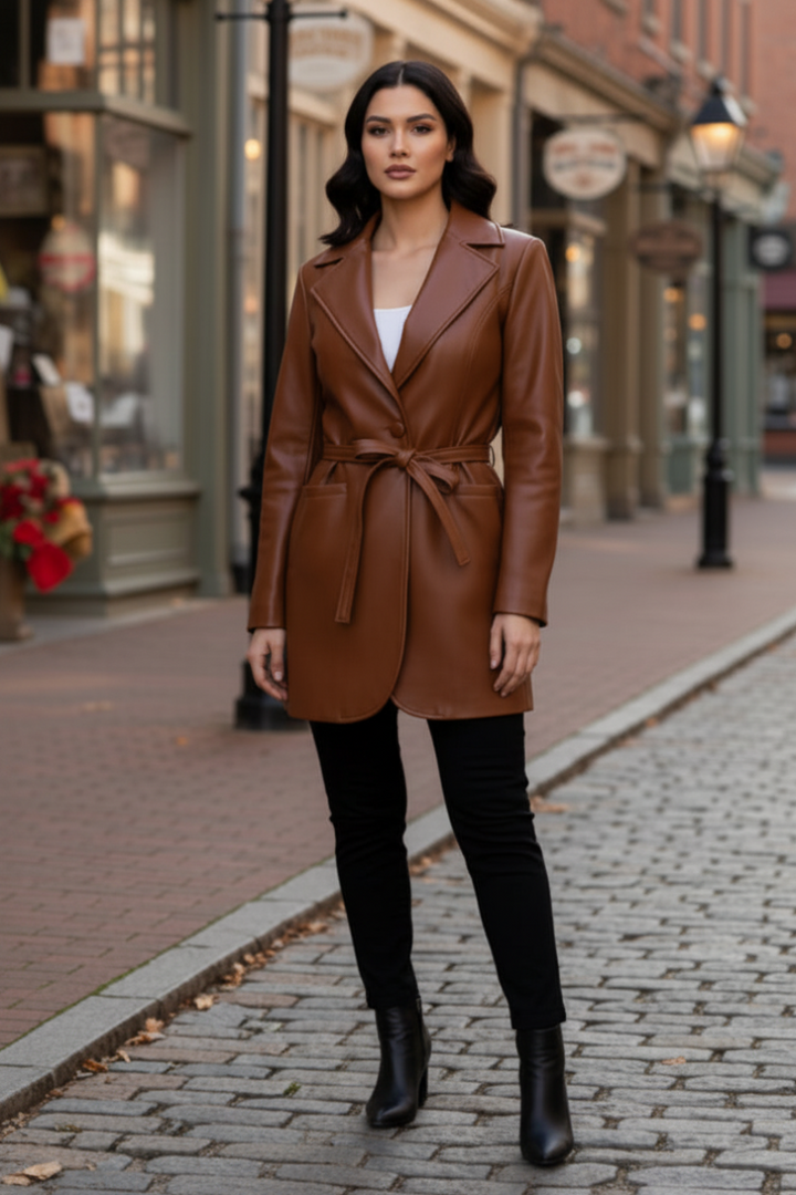 LONG SLEEVE WAIST TIE LEATHER JACKT-WBT11135XL