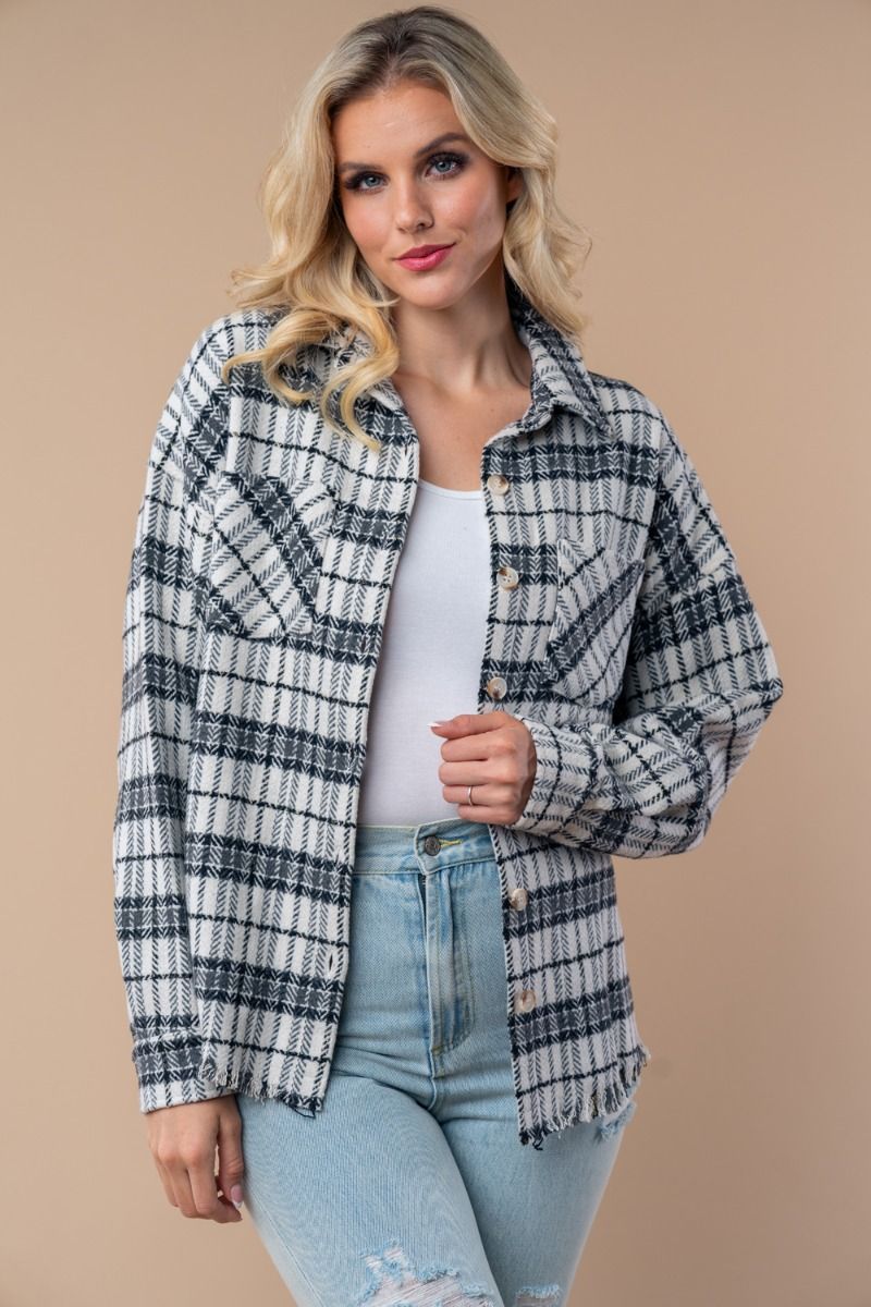BUTTON DONE PLAID WOVEN SHACKET