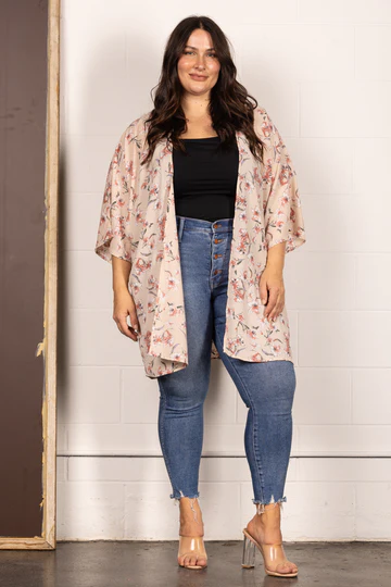 TAUPE SPRING FLORAL OPEN FRONT PLUS SIZE CARDIGAN J7004