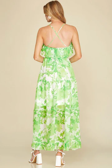 BLUE FLORAL RUFFLED TUBE W/ BACK STRAP WOVEN MAXI DRESS