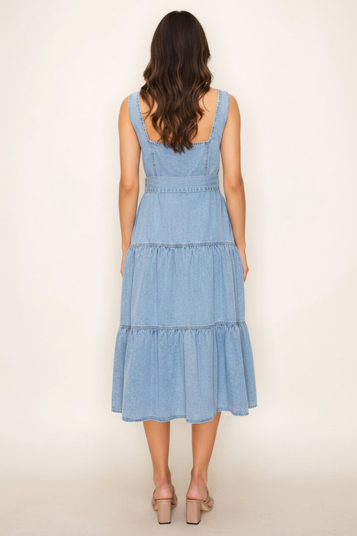 PLUS SIZE WAIST TIE SQUARE NECK DENIM MIDI DRESS-WBD90672P