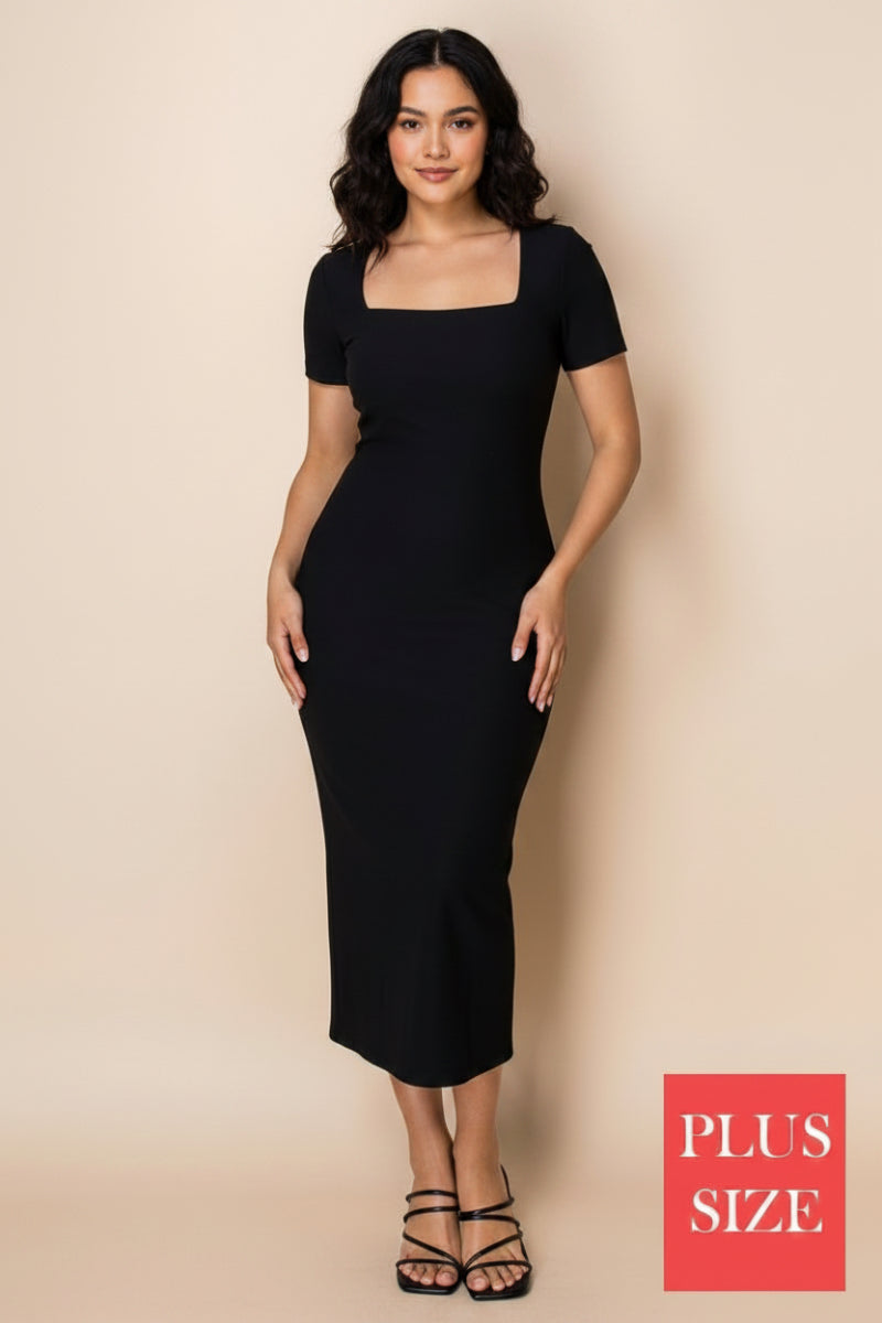 PLUS SIZE SHORT SLEEVE BLACK MIDI DRESS