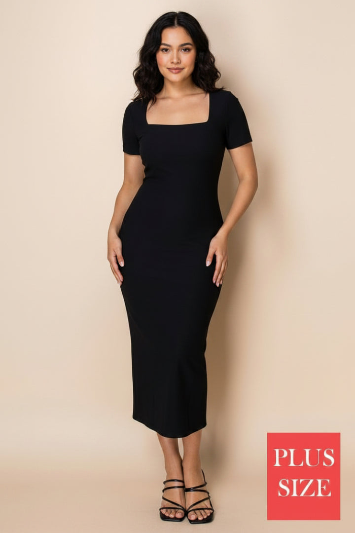 PLUS SIZE SHORT SLEEVE BLACK MIDI DRESS