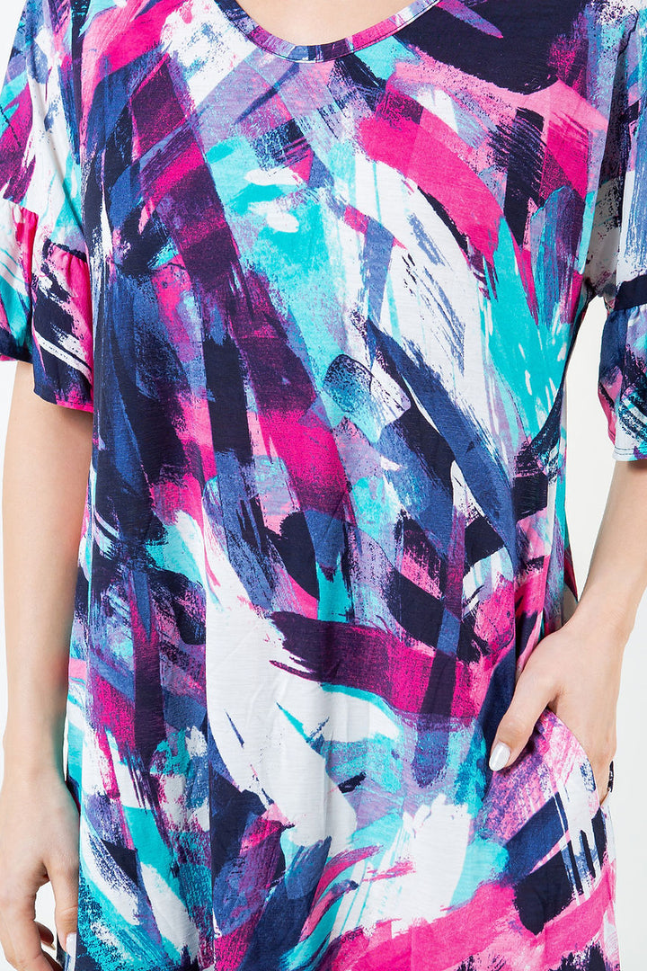 MULTICOLOR ABSTRACT SWING RUFFLED W/ POCKETS MINI DRESS-SHVC39644