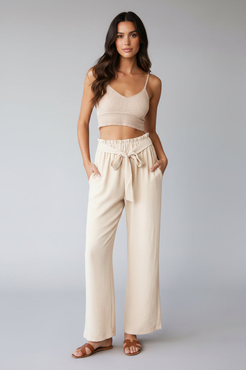 PLUS SIZE SOLID CASUAL PANTS WITH PAPERBAG WAISTBAND-HMET6700