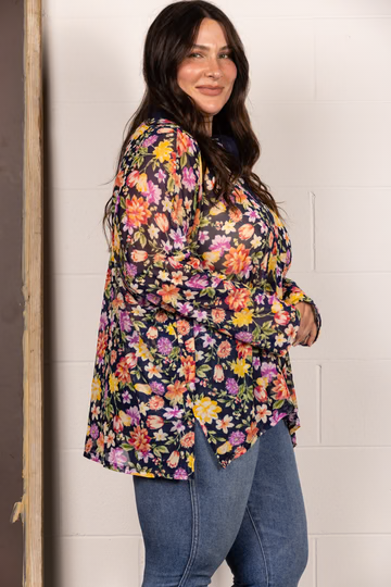 BROWN MANDARIN COLLAR FLORAL PRINT PLUS SIZE TOP T7538