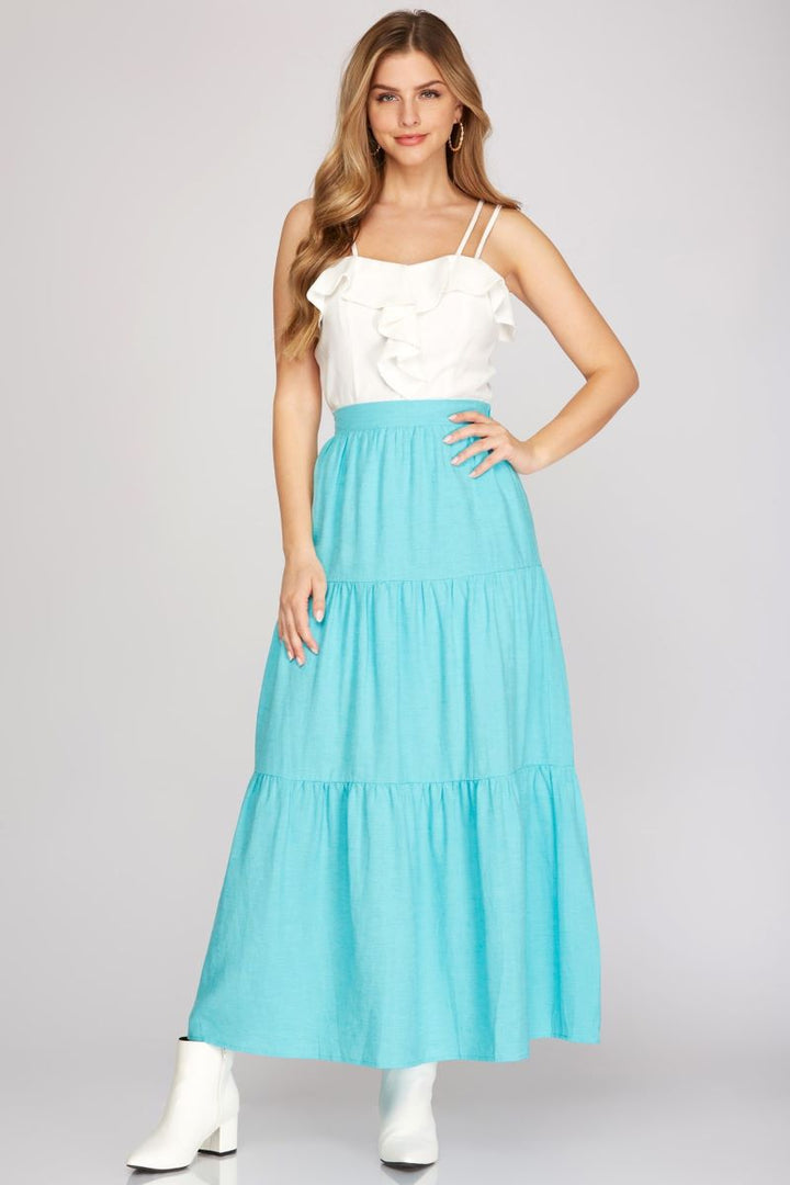 APRICOT TIERED ELASTIC WAIST WOVEN MAXI SKIRT