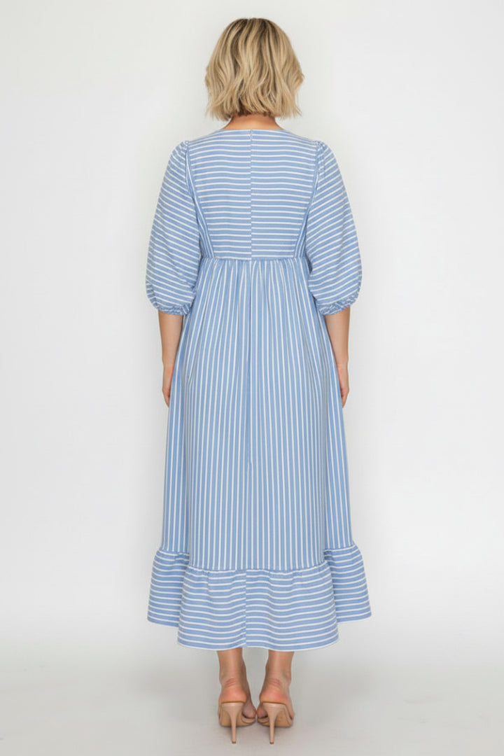 PLUS SIZE LOOSE FIT STRIPPED MIDI DRESS WITH BALLOON SLEEVE