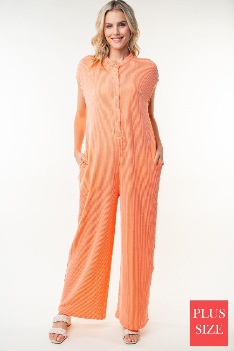 SLEEVELESS SOLID KNITE PLUS SIZE JUMPSUIT WITT HALF BUTTON UP