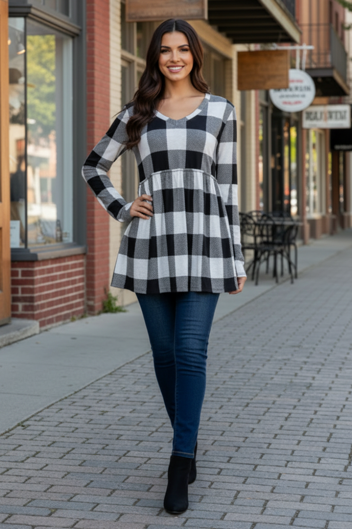 LONG SLEEVE V NECK PLAID PRINT TOP WITH RUFFLED DETAIL HMST2091