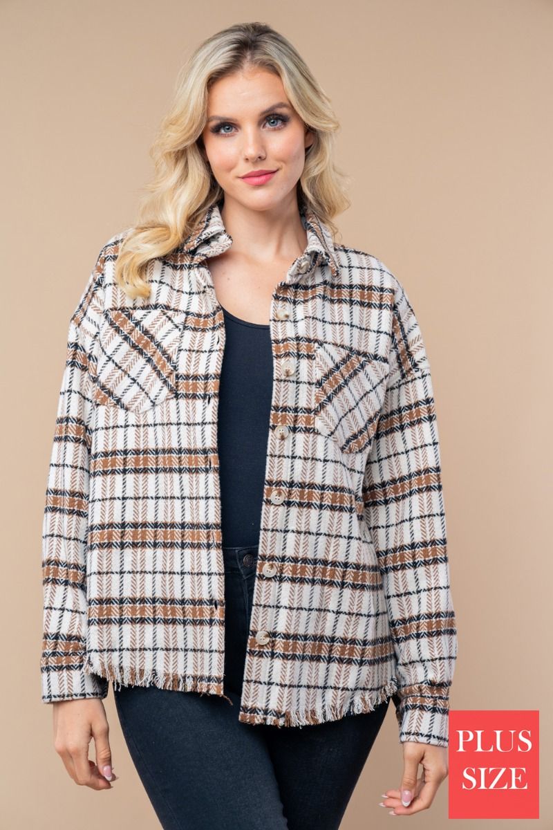 BUTTON DONE PLUS SIZE PLAID WOVEN SHACKET
