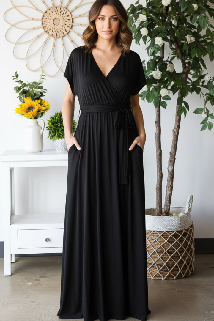 SHORT SLEEVE V NECK SOLID MAXI WRAP DRESS HMED6724S