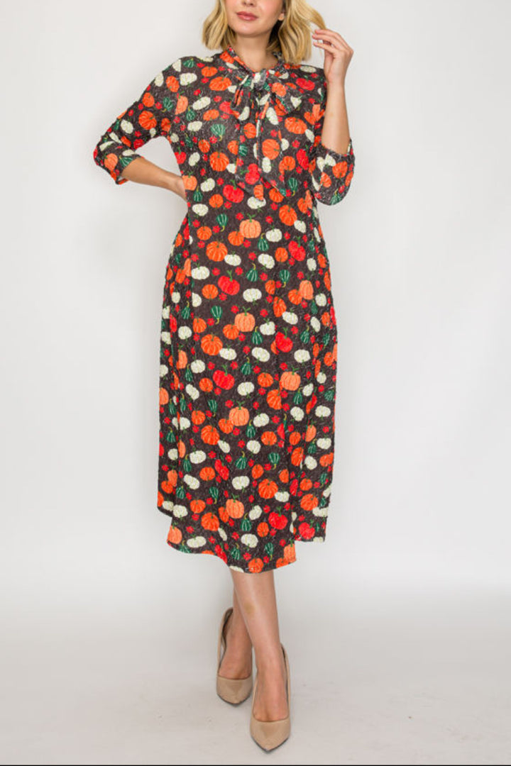 PLUS SIZE TIE-NECK A-LINE MODEST DRESS WITH SIDE POKTES
