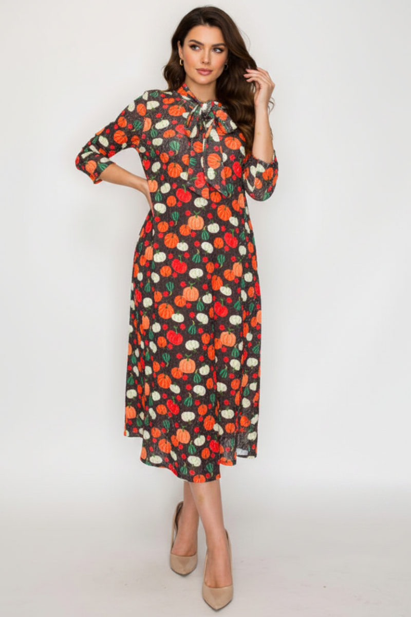 TIE-NECK A-LINE MODEST DRESS WITH SIDE POKTES-SHVL5831-J