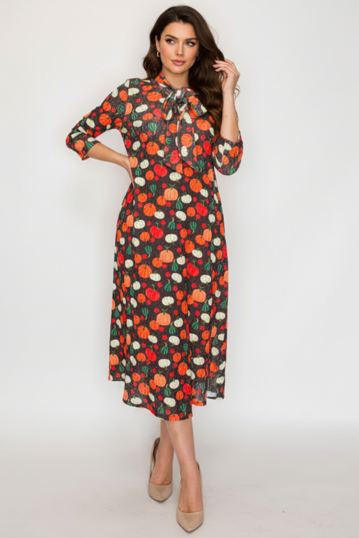 TIE-NECK A-LINE MODEST DRESS WITH SIDE POKTES-SHVL5831-J