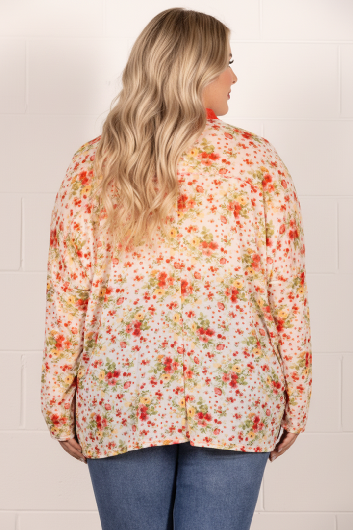 MANDARIN COLLAR FLORAL PRINT PLUS SIZE TOP T7538-