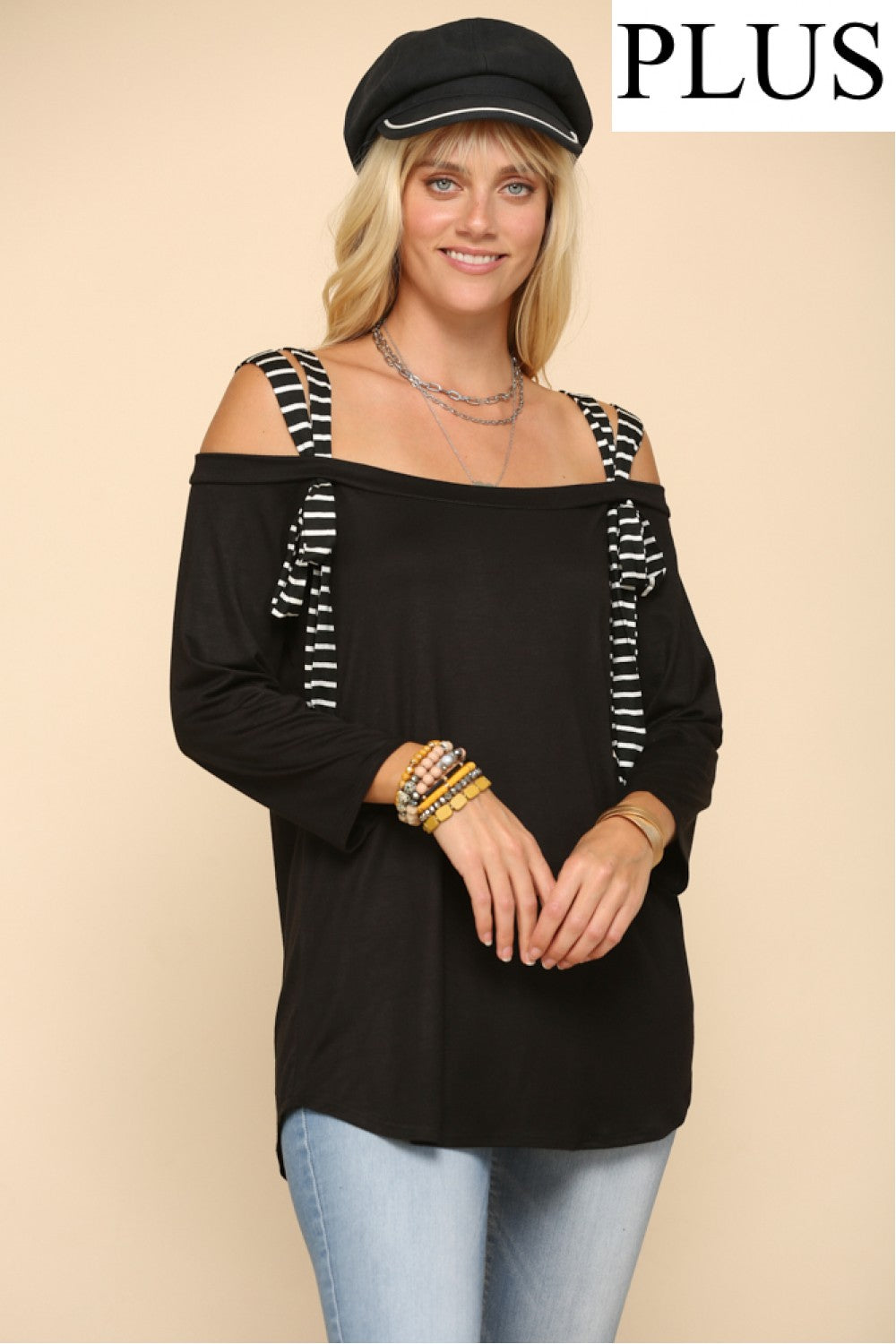 PLUS SIZE STRIPED TIE STRP OFF SHOLDER TOP-CLCT43750