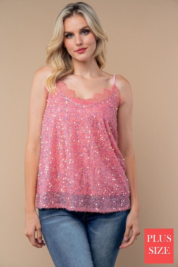 SLEEVELESS SEQUIN PLUS SIZE TOP WITH V-NECK FEATURING LACE