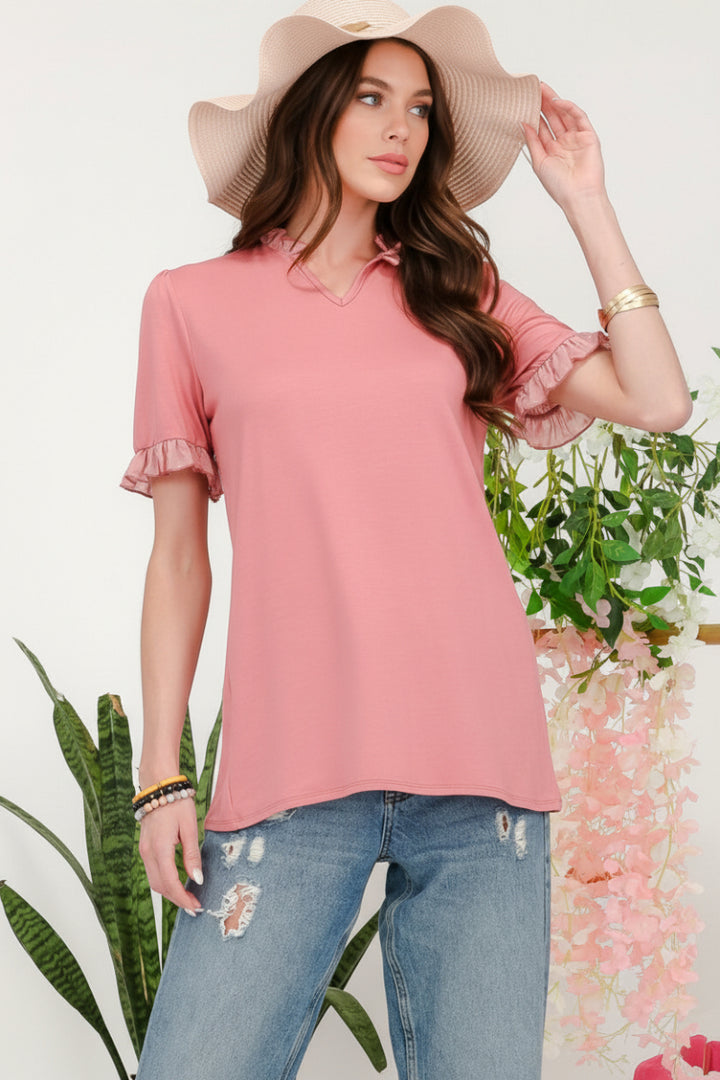 PLUS SOLID TOP WITH RUFFLE CHIFFON SLEEVE DETAIL-CLCT43791