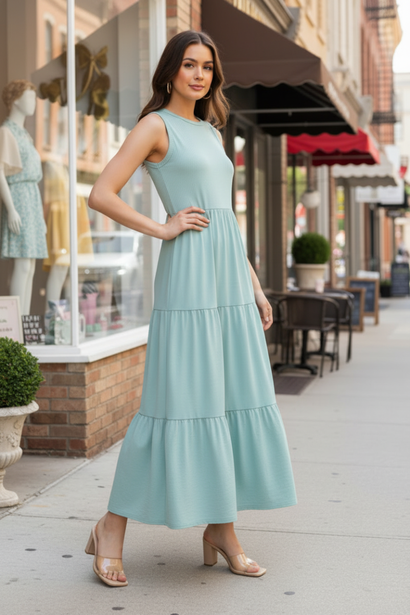 SLEEVELESS ROUND NECK TIERED MAXI DRESS HMED6825