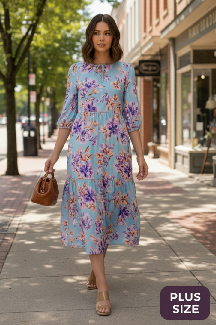 PLUS SIZE FLORAL ELASTIC CUFF 3/4 SLEEVES TIERED MIDI DRESS-SHVL6094-B