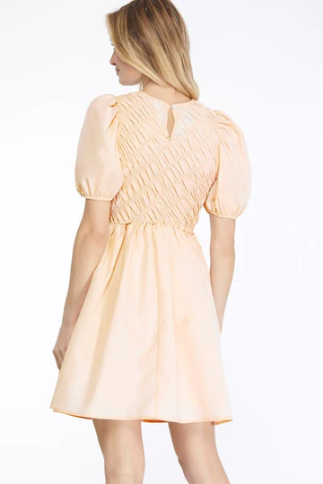 PUFF SLEEVES SMOCK DETAILED WOVEN MINI DRESS