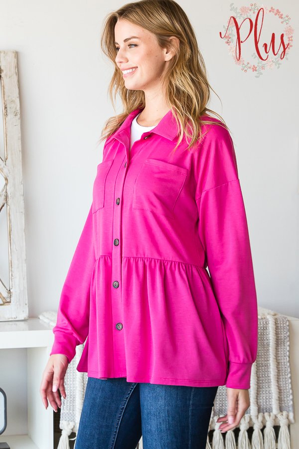 LONG PUFF SLEEVE BASIC COLLAR SOLID BUTTON DOWN JACKET WITH FRONT POCKET AND SHIRRIND DETAIL PLUS SIZE