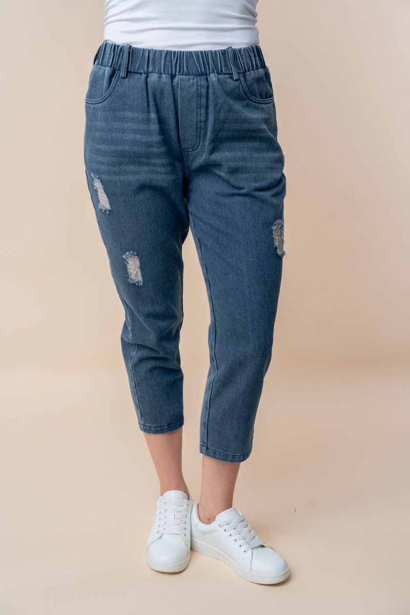 HIGH WAISTED SOLID DENIM CAPRI PANTS