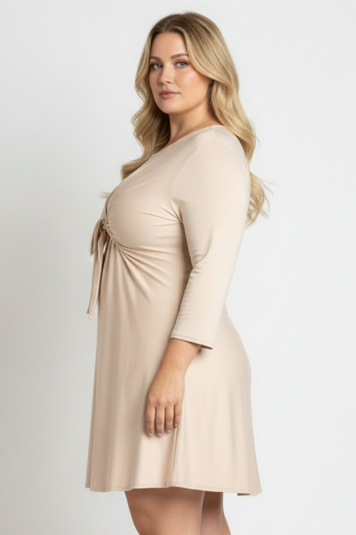 SELF-TIE FRONT LONG SLEEVES PLUS SIZE MINI DRESS D1060