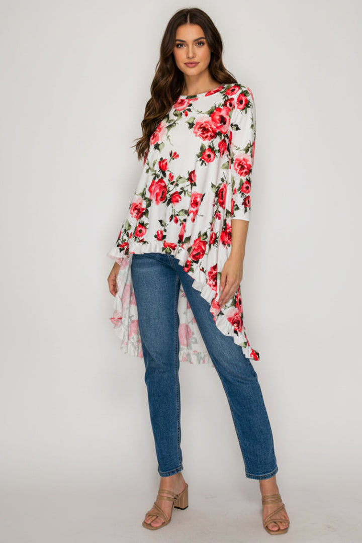 3/4 SLEEVES HIGH LOW TUNIC TOP-SHB5789-PRT