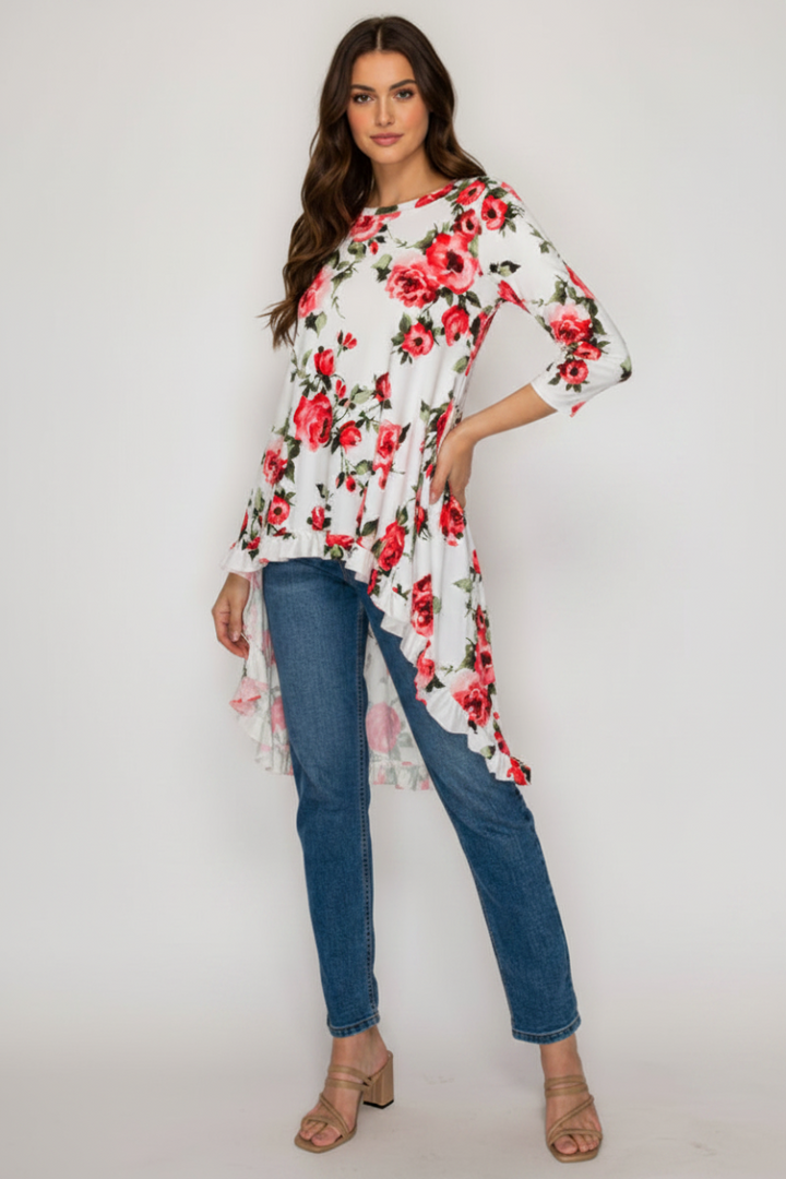 3/4 SLEEVES HIGH LOW TUNIC TOP-SHB5789-PRT