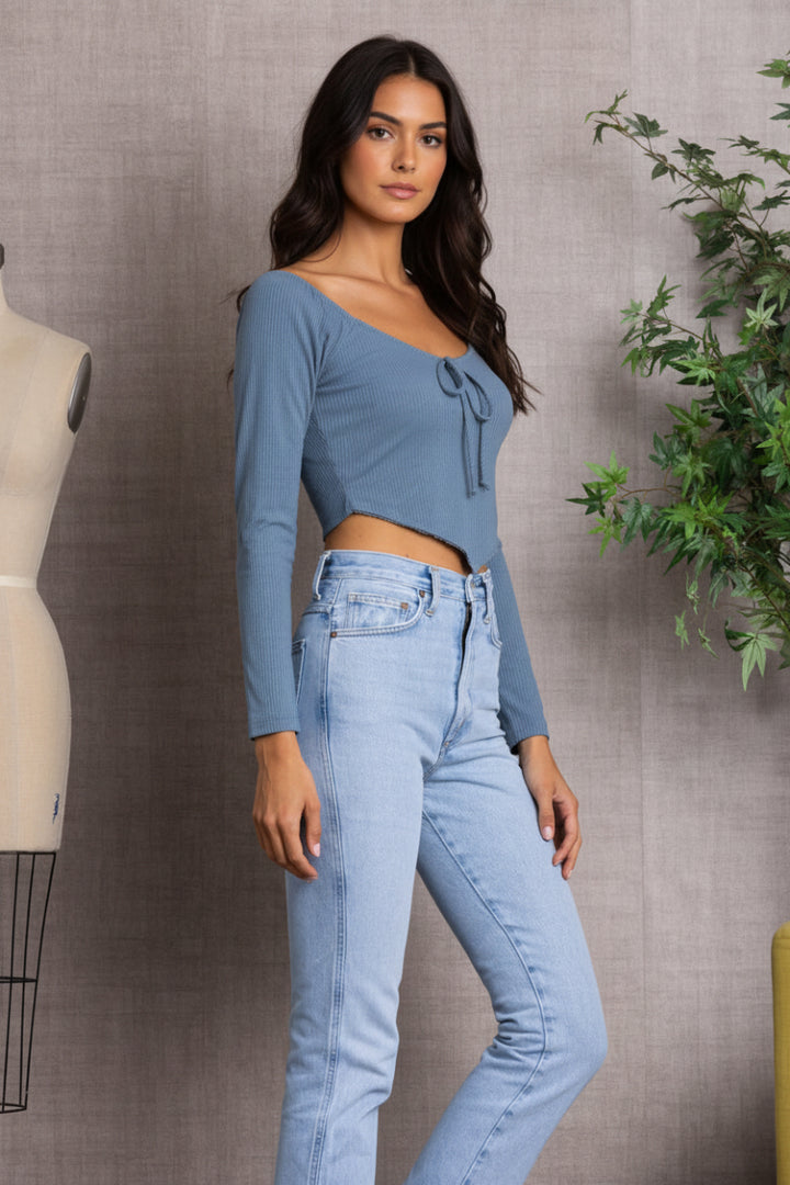 SPRUCE  RIBBED LONG SLEEVES V-CUT HEMLINE  CROP TOP-L7328