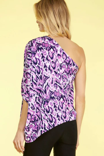 FUCHSIA ONE SHOULDER PRINTED WOVEN TOP