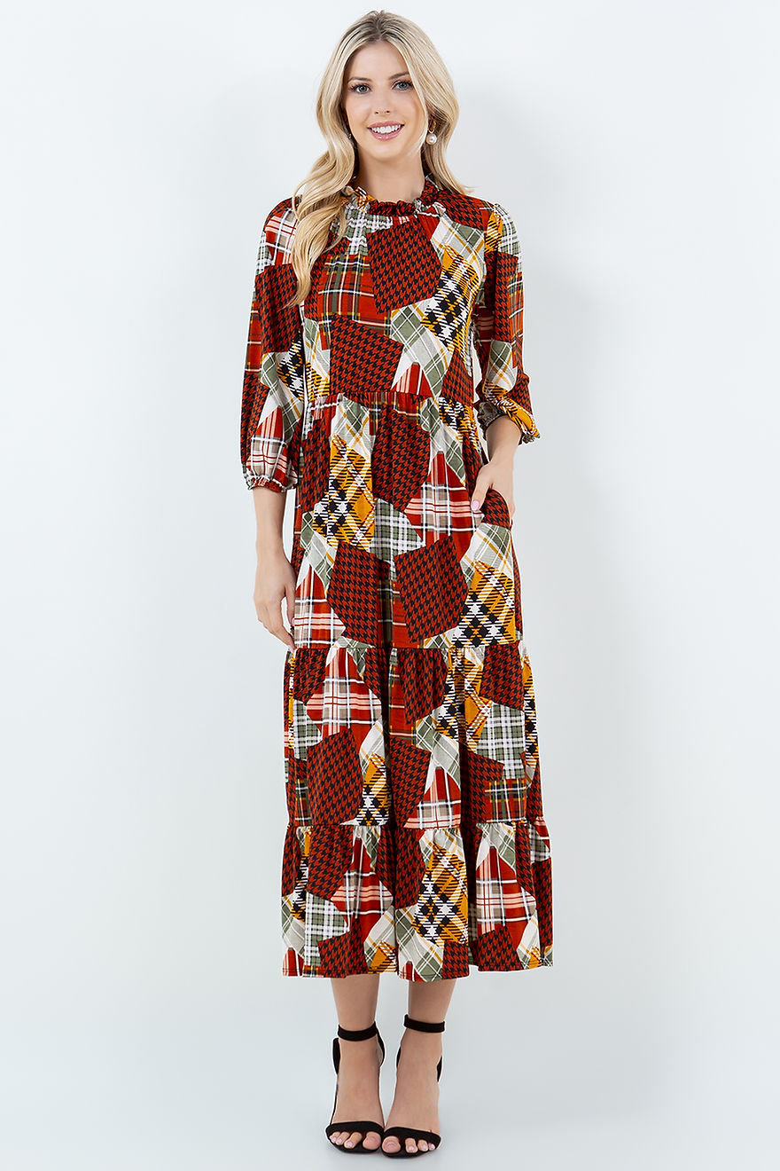 PLUS SIZE CREW NECK 3/4 SLEEVE MIDI DRESS-