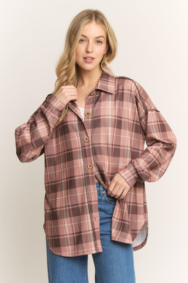COLLARED PLAID BUTTON DOWN SHACKET TOP HMET7968