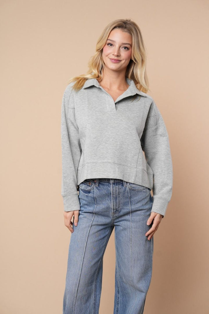 LONG SLEEVE SOLID KNIT COLLAR FEATURING TOP