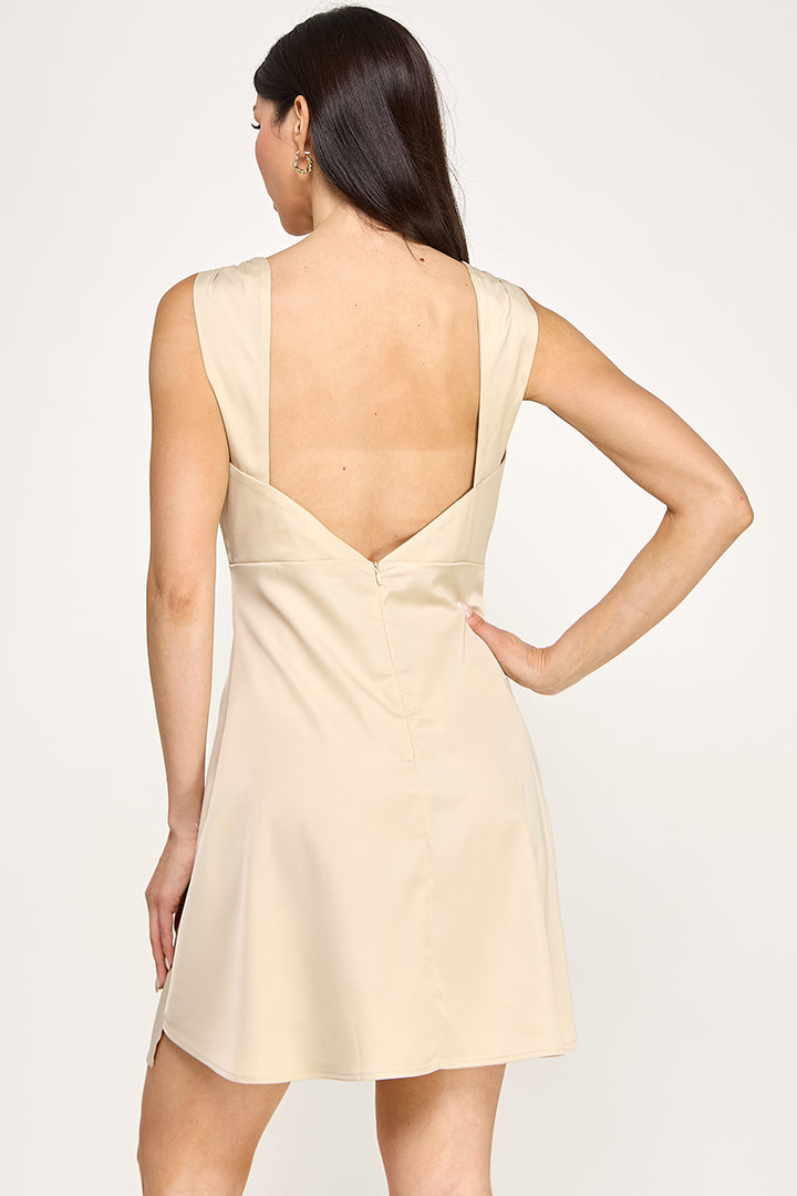 SLEEVELESS SATIN DRESS.WITH PLETED NECKLINE .