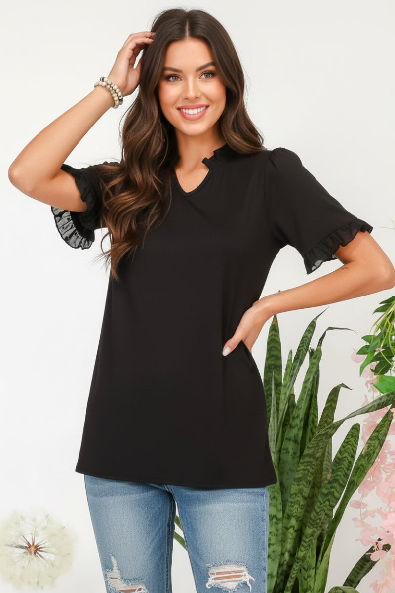 SOLID TOP WITH RUFFLE CHIFFON SLEEVE DETAIL-CLCT43791