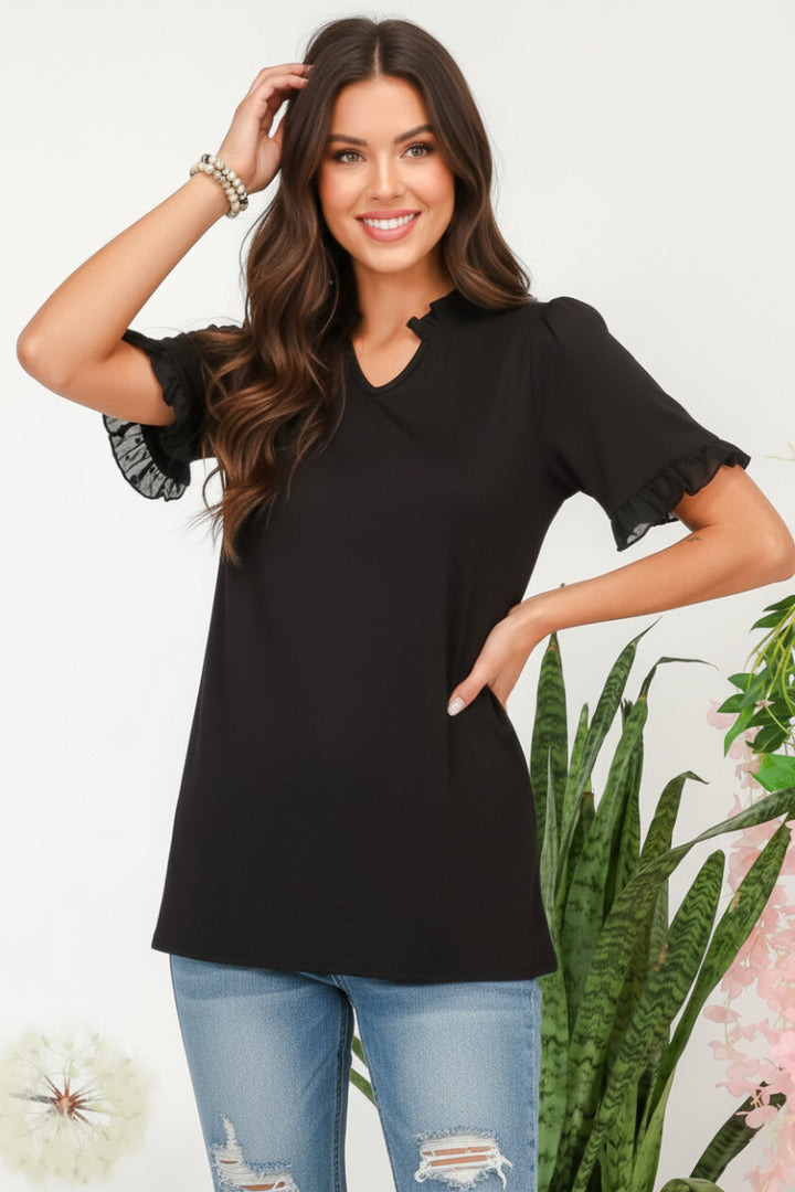 SOLID TOP WITH RUFFLE CHIFFON SLEEVE DETAIL-CLCT43791