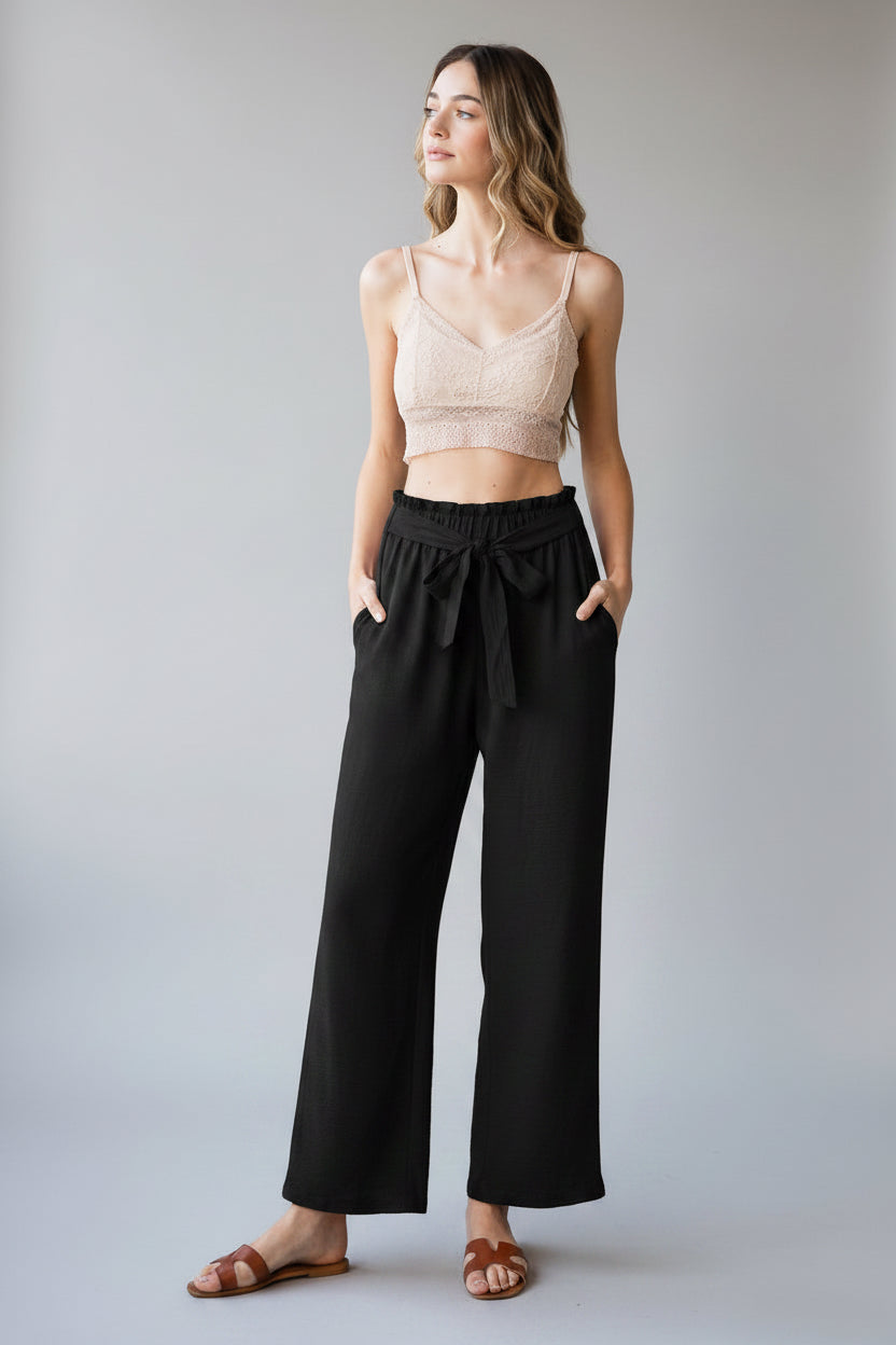 PLUS SIZE SOLID CASUAL PANTS WITH PAPERBAG WAISTBAND-HMET6700