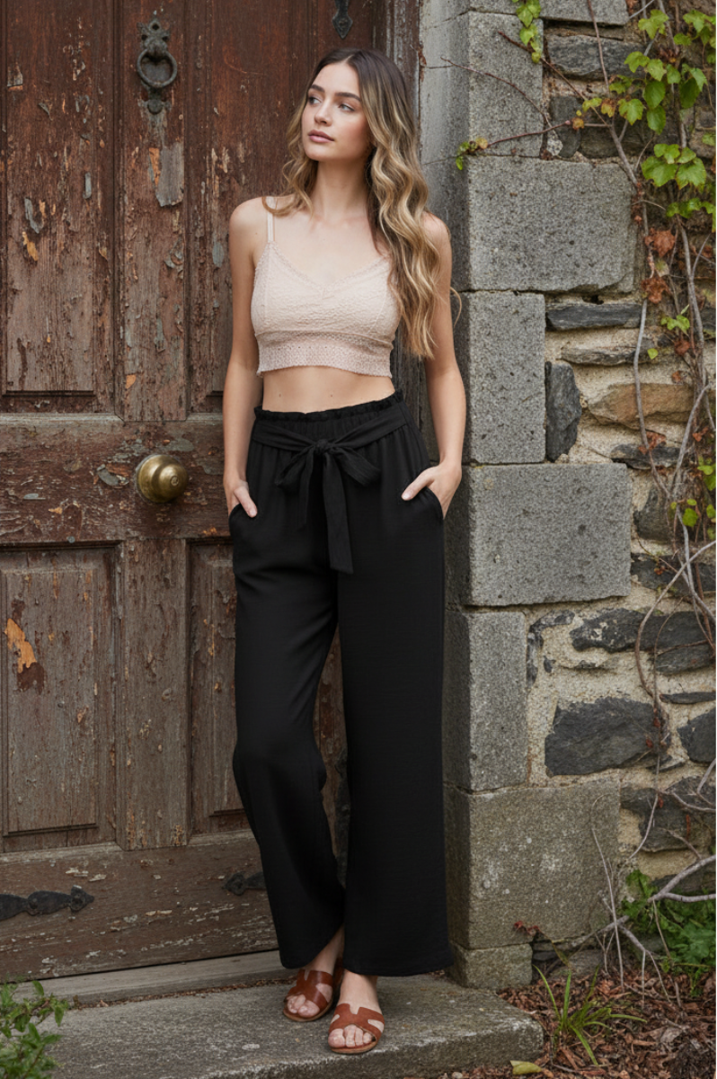 PLUS SIZE SOLID CASUAL PANTS WITH PAPERBAG WAISTBAND-HMET6700