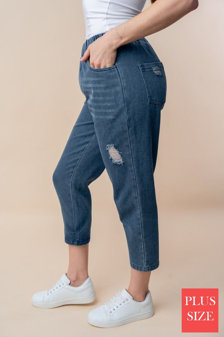 HIGH WAISTED SOLID PLUS SIZE DENIM CAPRI PANTS