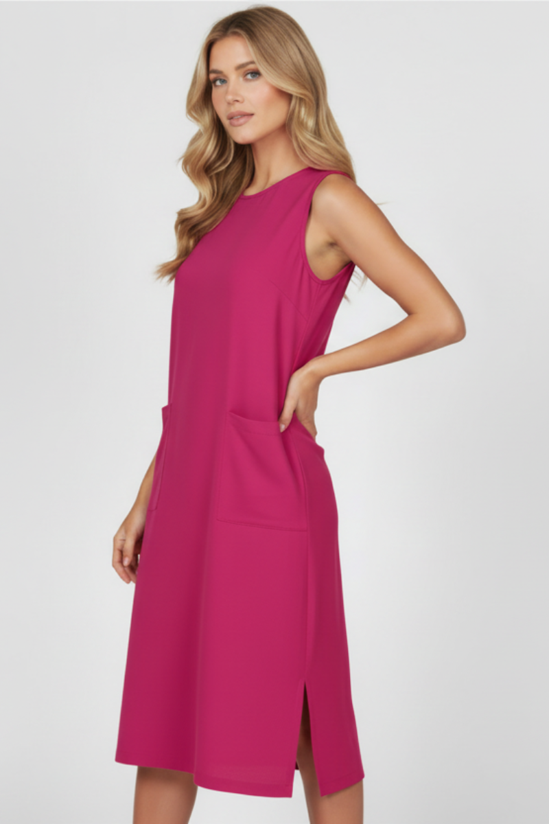 FUCHSIA SLEEVELESS FRONT PATCH POCKETS MIDI DRESS HMD1055