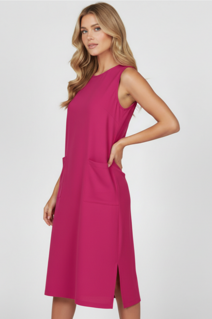 FUCHSIA SLEEVELESS FRONT PATCH POCKETS MIDI DRESS HMD1055