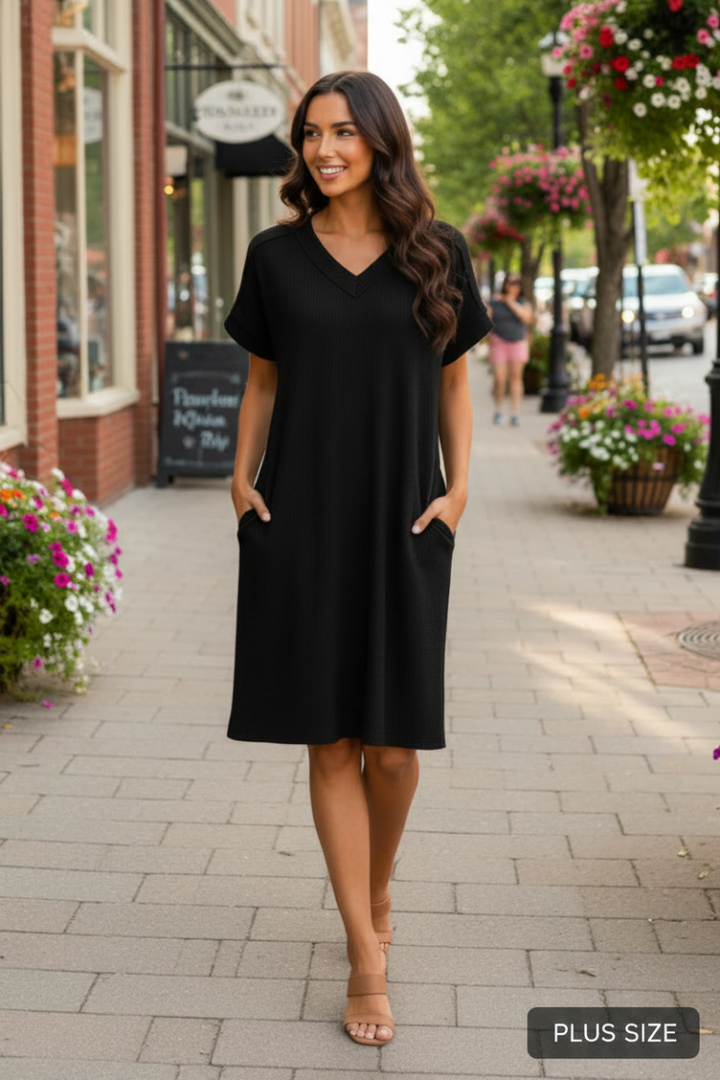 PLUS SIZE DOLMAN SLEEVE W/BAND URBAN RIB MINI DRESS HMED6846