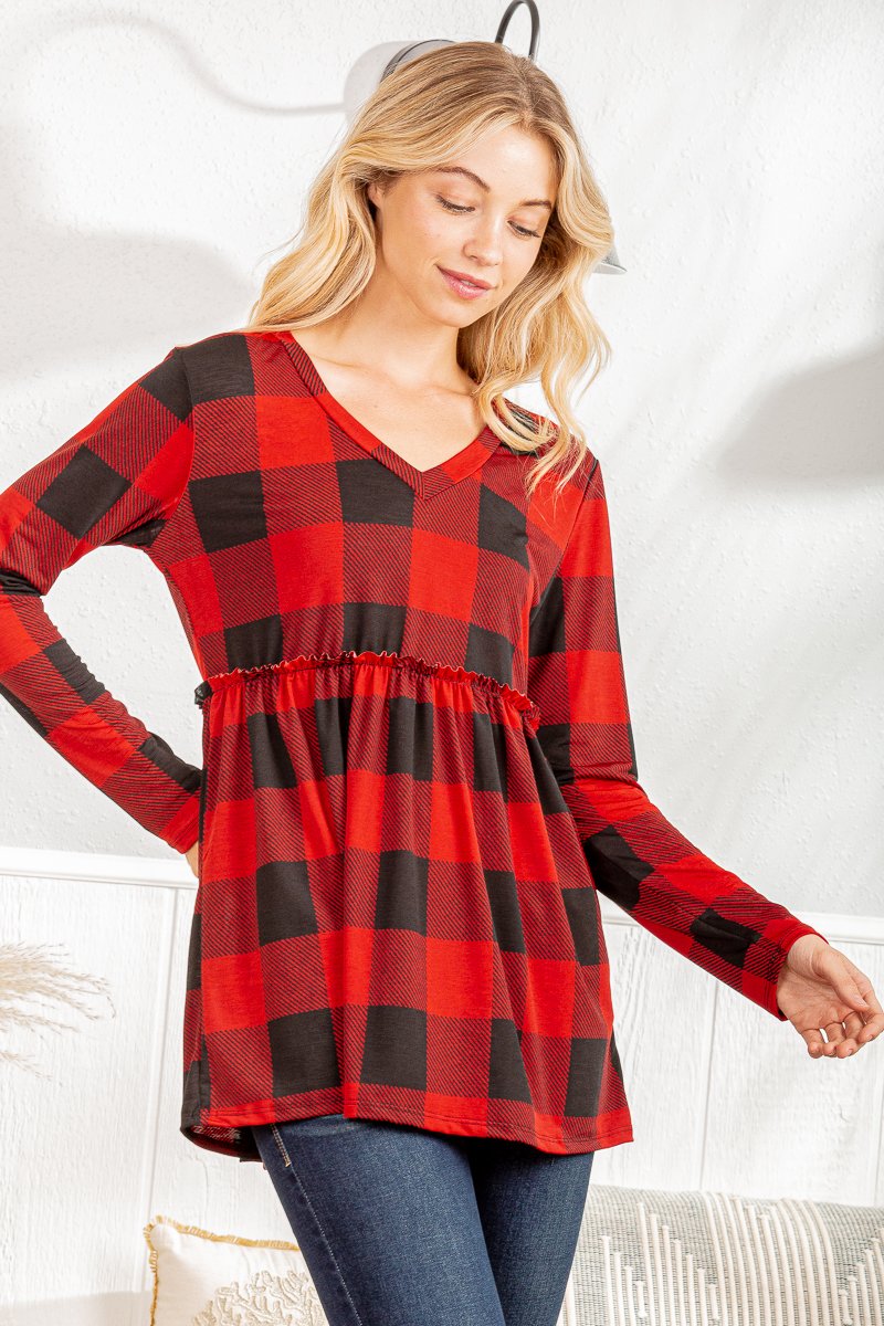 LONG SLEEVE V NECK PLAID PRINT TOP WITH RUFFLED DETAIL