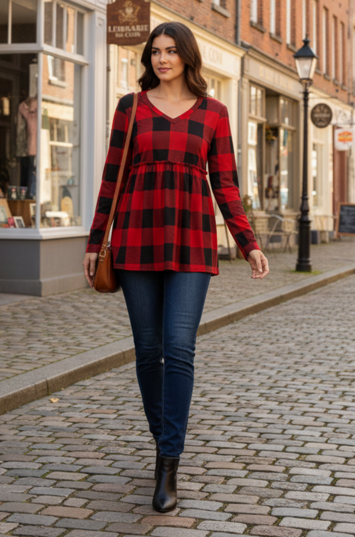 LONG SLEEVE V NECK PLAID PRINT TOP WITH RUFFLED DETAIL HMST2091