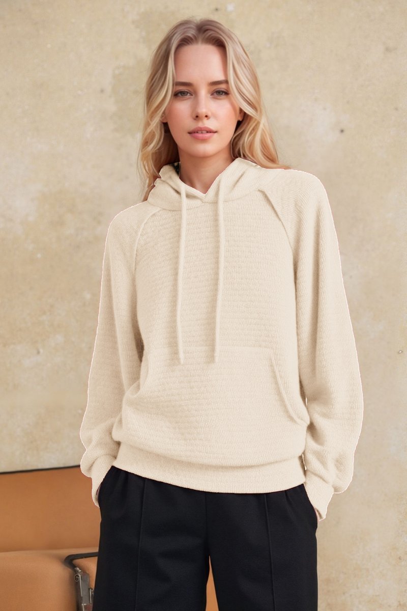 DRAWSTRING HOOD SOLID JACQUARD KNIT HOODIE TOP HMET7665