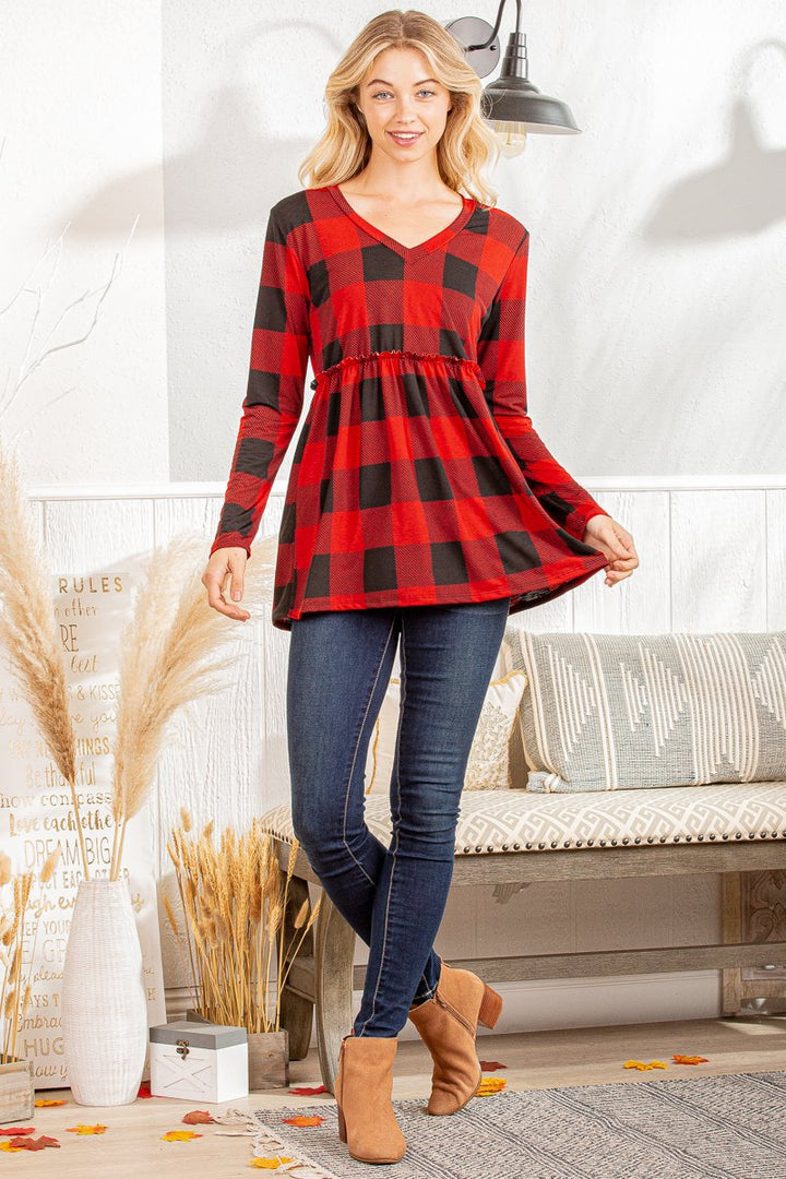 LONG SLEEVE V NECK PLAID PRINT TOP WITH RUFFLED DETAIL