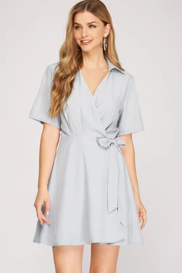 WARP COLLARED FRONT SIDE TIE WOVEN MINI DRESS SKSY3822